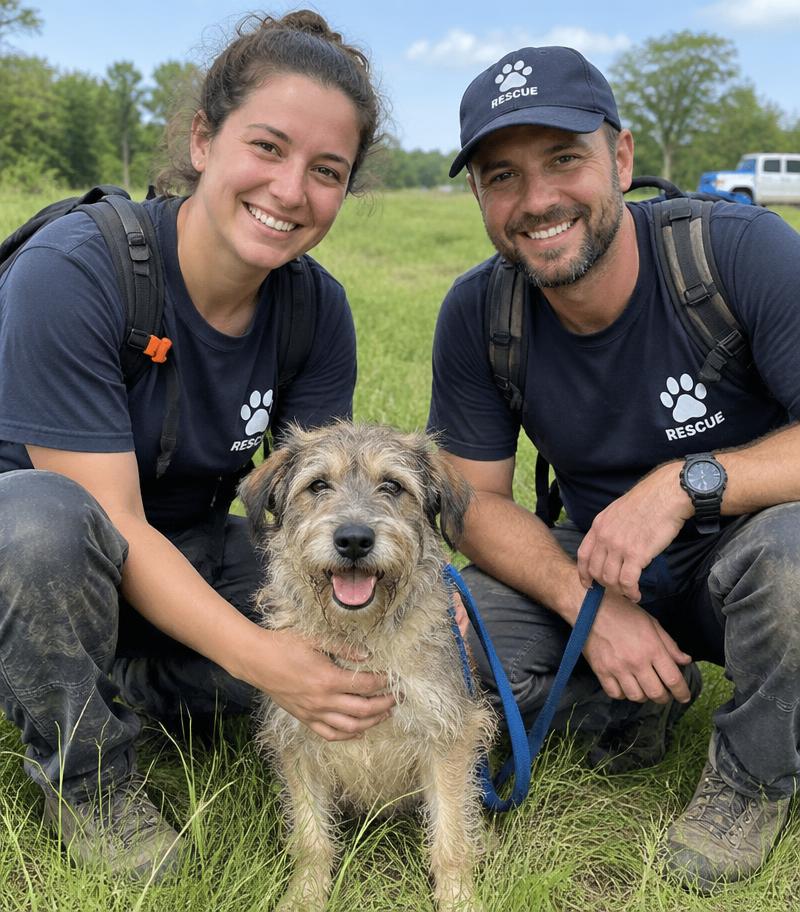 Alex and team with a rescued dog in a field