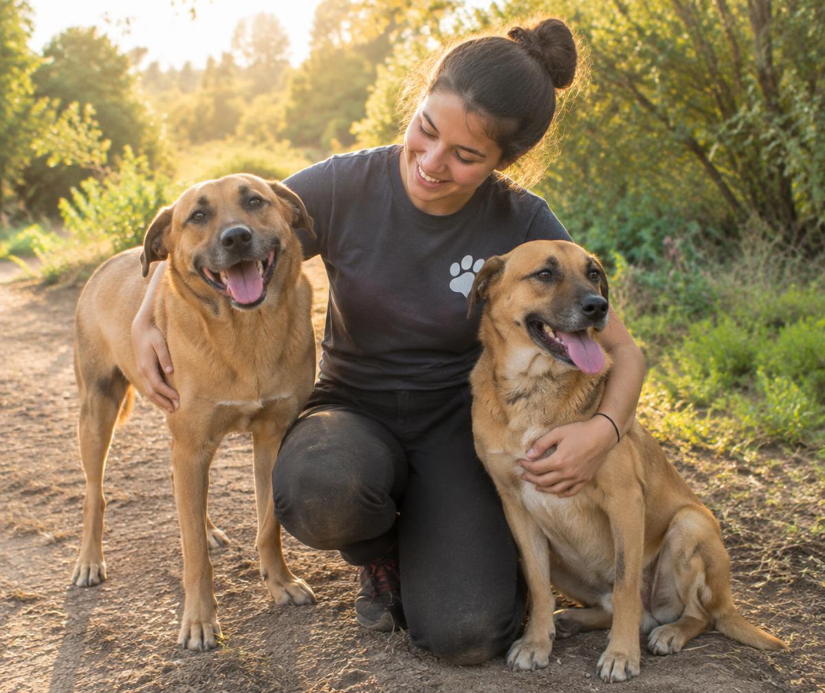Caregiver kneeling with two happy rescued dogs
